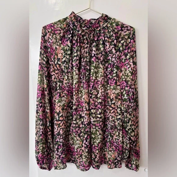 H&M| Black Pink Green Floral Long Sleeve Feminine Lightweight Blouse Sz L - Picture 2 of 7